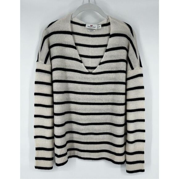 Vineyard Vines 100% Cashmere Ivory Blue Striped Sweater V Neck Size Medium EUC - Picture 1 of 8